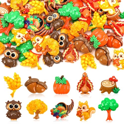 DTOFOOT 60 Pcs Fall Mini Resin Figures Thankgiving Resin Charms Miniature Turkey Squirrel Pumpkin Acorn Cornucopia Flatback Embellishment for Vase Filler DIY Home Table Decorations