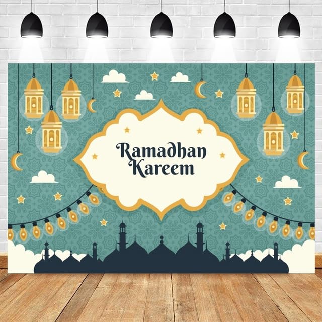 AECAM - RаmаԀап Kаrееm Photography Backdrop EiԀ Muваrаk Iѕ|аmiс Lamps Moon Star White Cloud Photo Background Studio Poster Decor (NSW12001 220x150cm)