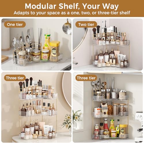 Image of BEFSOP Corner Bathroom Counter Organizer, Upgraded 2-Tier Makeup Organizer Countertop with Makeup Brush Holder, Skincare Exquisite Vanity Organizers Countertop Bathroom Storage Dresser(CLEAR)