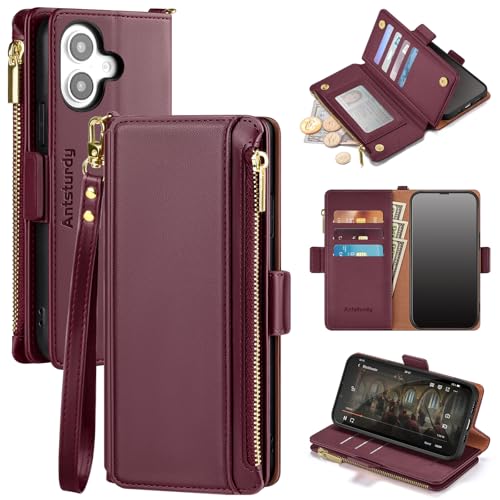 Antsturdy Compatible with iPhone 16 Wallet Case,RFID Blocking PU Leather Phone Case Women Men Kickstand flip Cover Wrist Strap Zipper Credit Card Holder Slots for Apple 16 6.1',Wine Red