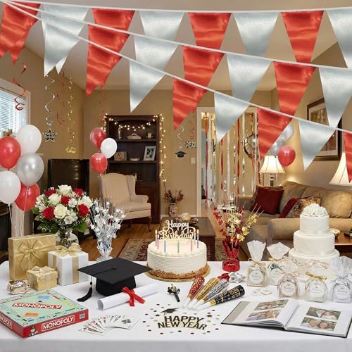 Image of 130FT Red Silver Triangle Pennant Banner Flag Metallic Fabric Bunting Garland for Christmas Graduation Wedding Engagement Anniversary Bachelorette Birthday Bridal Shower Valentines Hen Party Supplies
