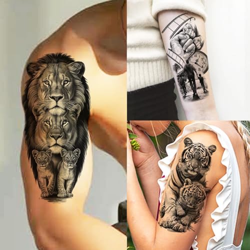 Image of 27 Sheets Dragon Snake Warrior Temporary Tattoos For Men Women Adults Half Arm Sleev Tattoo Sticker, Realistic 3d Pirate Ship Lion Tiger Wolf Skull Fake Tattoos For Adults Forearm Tatoos Long Lasting