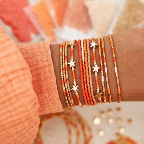 Dainty 12PCS/Set Gold Beaded Star Bracelets Stack for Women,Handmade Boho Colorful Beads Bracelet Fashion Prom Holiday Jewelry Gift Friendship Family3