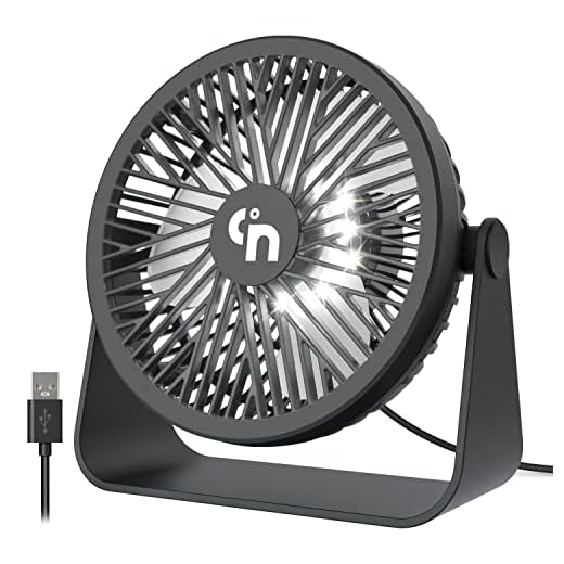 GagetElec USB Desk Fan with LED Night Lights,3 Speeds Cooling Small Fan,360°Rotation Strong Wind Table Fan,Quiet Mini USB Fan for Home Office Outdoor Travel 5.3 Inch (T5-01)