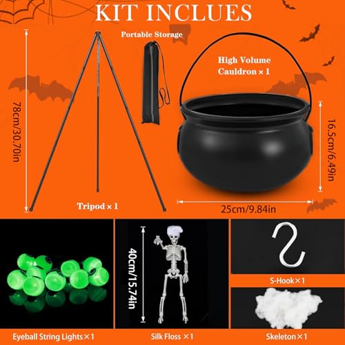 Chaudron de sorcière Halloween géant avec trépied et squelette déco