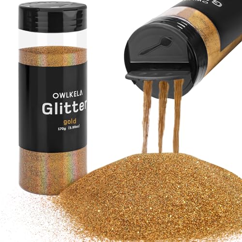 OWLKELA 170g/5.99oz Fine Glitter, Gold Glitter Powder for Sesin, Art & Craft, Nail, Hair, Face, Body, Slime, Festival Cosmetic Powder for Painting, Candle/Soap Making, Waxing