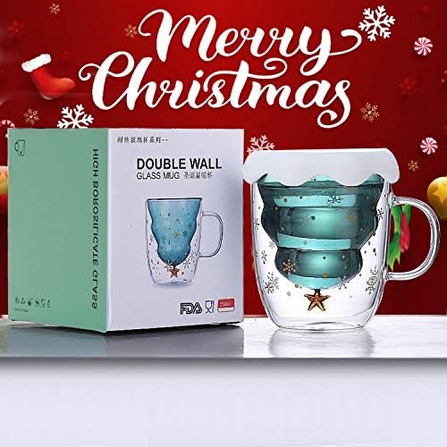 Christmas Mugs Cute Coffee Cup Snowflake Double Walled Glass Tree Mug with Lid for Couple Valentine's Christmas Day Romantic Birthday Gifts (Green)