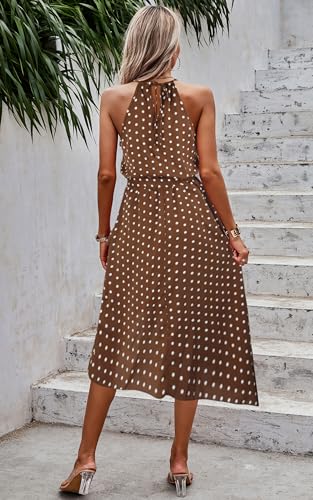 Image of ECOWISH Polka Dot Women Summer Dresses Casual Midi A Line Ruffle High Low Sleeveless Boho Floral Halterneck Cocktail Sundress