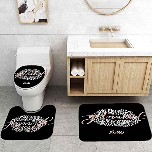 Camille&Andrew 4Pcs Leopard Print Sexy Lips Shower Curtain Set, Silver Pink Rose Gold Glitter Get Naked Cheetah Print Kiss Modern Fashion Girls Bathroom Decor, Black Shower Curtain, Non-Slip Bath Mat #TOP4