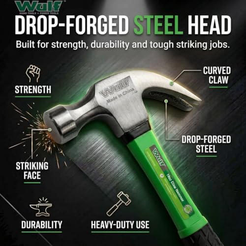 Image of WULF 16oz Heavy Duty Claw Hammer | Drop-Forged Steel Head with Shockproof Fiberglass Handle | Durable Anti-Slip Grip for Carpentry, Construction, and Home DIY | Professional Hand Tool
