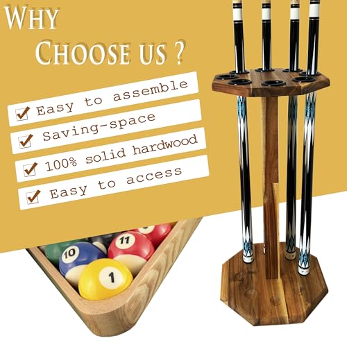 GACCO BILLIARDS Freestanding Billiard Cue Rack, Pool Table Accessories Hold 8 Cues, Pool Cue Stick Holder, Wooden Floor Stand Pool Cue Holder for Billiard Game Room (Brown) by GACCO BILLIARDS - Image 2