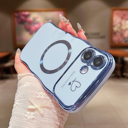 ZONRW for iPhone 16 Plus Case Magnetic,for Women Girls Soft Cute Wave Frame Curly Shape Love Heart Luxury Plating Phone Case Compatible with MagSafe Shockproof Back Cover 6.7"-Blue by ZONRW - Used condition - Image 5
