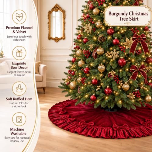Wironlst 60" Burgundy Velvet Christmas Tree Skirt with 9 Velvet Bows, Elegant Ruffle Red Large Tree Skirt for 7FT–9FT Christmas Trees,Luxury Holiday Home Decor for Living Room & Christmas Party Décor - image 3