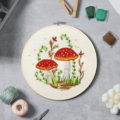 Image of Bonroy 4 Sets Embroidery Kit for Beginners with Instructions,Cross Stitch Kits for Adults with Pattern,Needlepoint Kits for Adult Include Embroidery Cloth Hoops Needles Threads(Mushroom)