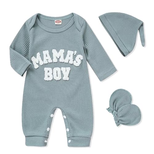 Image of GRNSHTS Newborn Baby Boy Romper Coming Home Outfits Letter Print Bodysuit Jumpsuit+Hat+Gloves 3PCS Clothes Set
