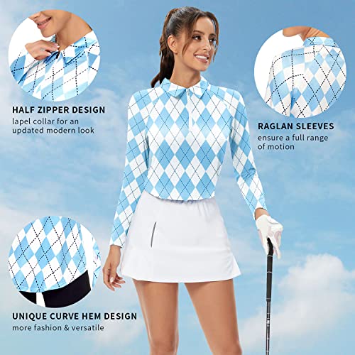 Womens Golf Shirts Long Sleeve Polo Shirt Half Zip Golf Pullover Athletic Tennis Shirts Moisture Wicking Tops Blue Plaid #TOP1