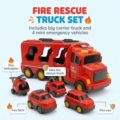 Image of Fire Truck Toy for Kids - 5 in 1 Emergency Rescue - Transport Carrier with Mini Fire Engine Cars, Lights & Sound - Educational Birthday Gift Vehicle for Boys & Girls Age 3+ Years - Red