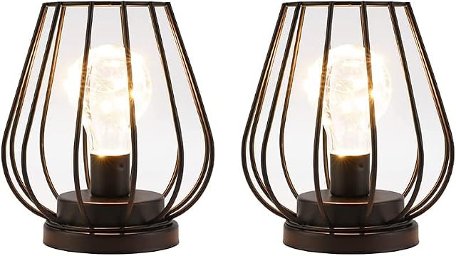 TRIROCKS 2 Set of Metal Battery Operated Lamp 17cm Tall Mini Cage Shape Cordless Table Lamp Battery Lanterns with Warm Fairy Lights Bulb for Patio Garden Wedding Parties Indoor Outdoor(Black)