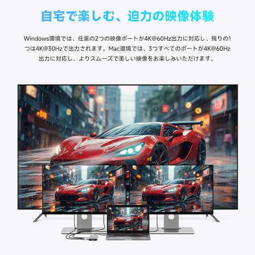 ドッキングステーション 3画面出力 (12-in-1, Triple Display) RSHTECH USB-C ハブ 2 HDMI＋DP 最大4K@60Hz 出力 MST機能 PD対応 100W 給電 USB A&C 3.2 10Gbpsデータ転送ポート 1Gbpsイーサネットポート TF＆SDカード スロット搭載 MacBook/ThinkPad/Dellなどに対応