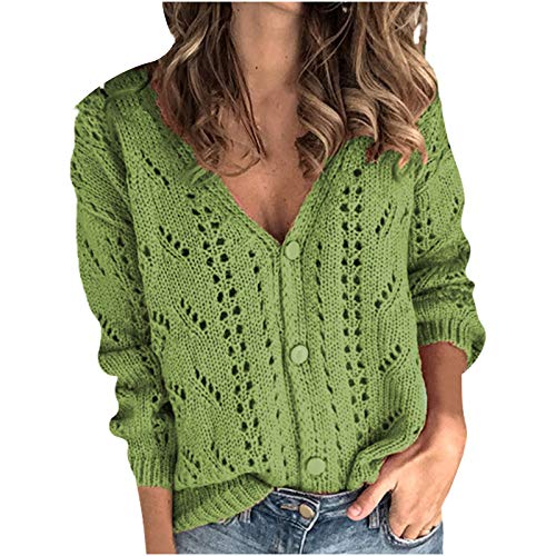 Angxiwan My Recent Orders Long Sleeve Cardigans for Women UK Solid V-Neck Single-Breasted Buttons Hollow Out Cardigan Sweater Womens Deals of The Day Sale Green