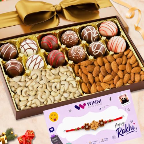Image of WINNI - Deluxe 12 Pcs Truffle Chocolate + Almond & Cashew DryFruits + Rakhi Pack | Belgian Dark Chocolate Gift | Rakhi Gift For Brother & Sister | Celebration Chocolate Gift Hamper | Rakhi Gift Box For Kids, Girls, Boys, Brother, Sister, Bhaiya, Bhabhi | Rakhi Gift Set | Chocolates Bouquet | Imported Chocolates | Return Gift Box