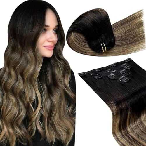 LaaVoo Clip in Hair Extensions Real Human Hair Ombre Black Clip in Hair Extensions Human Hair Balayage Clip in Hair...
