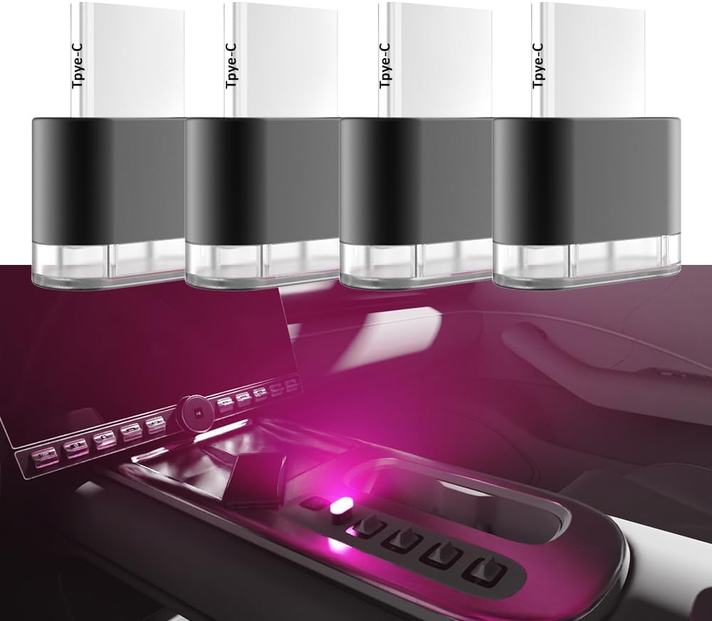 Type-C Adapters Atmosphere Light 4-Pack Universal Plug-in Miniature LED Night Light for Car Interior and Trunk Ambient Lighting Armchair lamp (Pink)
