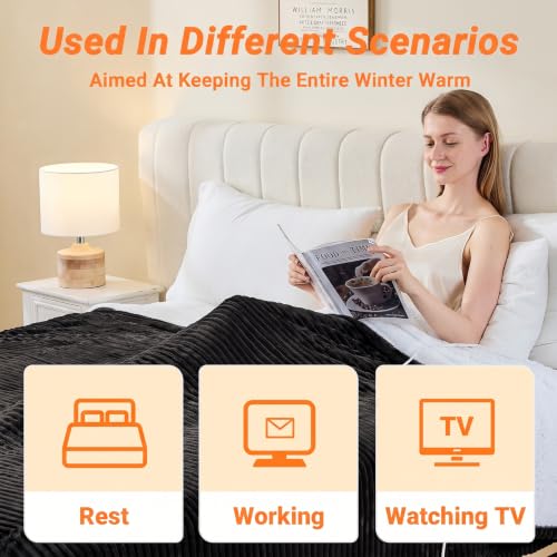 Image of Heated Blanket Electric Throw, Soft Flannel Heating Blanket with 8 Hours Auto Off 10 Fast Heating Levels Machine Washable Sherpa Heated Blanket with Overheating Protection
