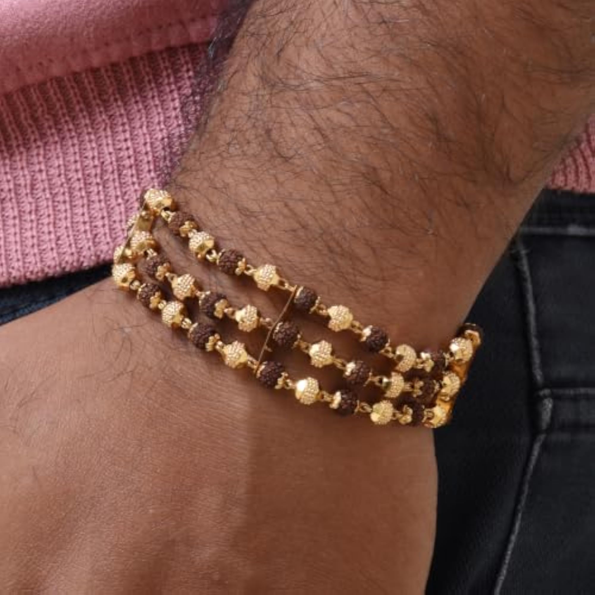 3 Line Gold Plated Rudraksha Bracelet, Brown Fancy Design