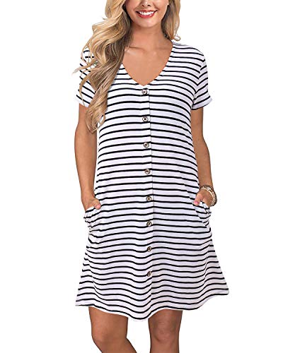 SOLERSUN Striped t Shirt Dresses for Women Plus Size, Women s Summer V Neck A-line Sexy Casual Short Sleeve Button Plus Size Tunic Dress with Pocket White XL
