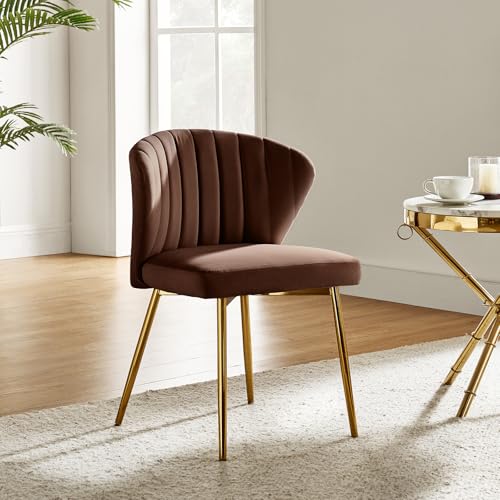 HULALA HOME Velvet Dining Chairs, Modern Small Armless Accent Chair with Gold Metal Legs, Living Room Upholstered Cute Side Chair, Elegant Tufted Back Vanity Chair for Bedroom, Auburn