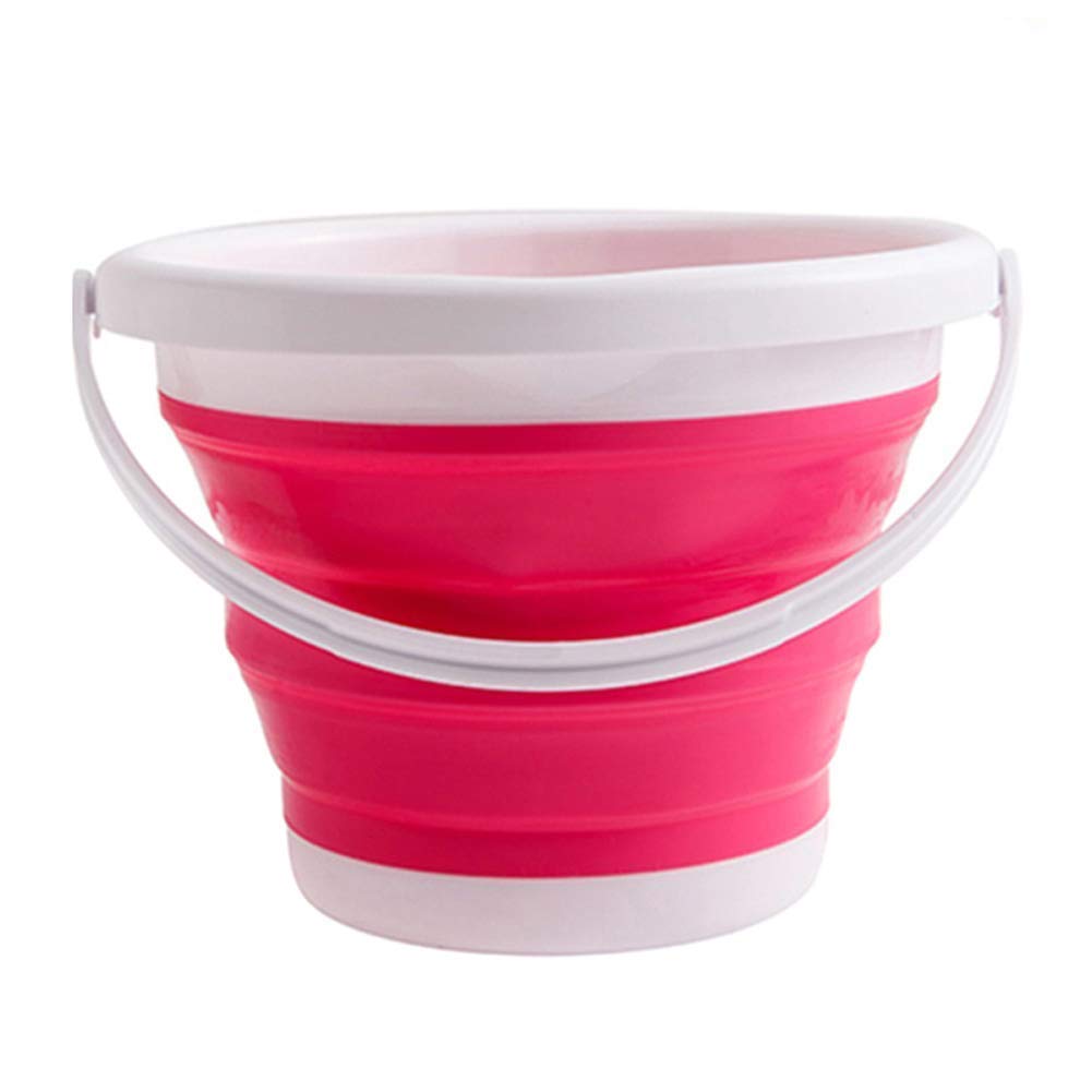 Ausuky Foldable Silicone Round Bucket Household Cleaning Portable Folding Bucket Go Out Picnic Bucket (5L,Rose Red)