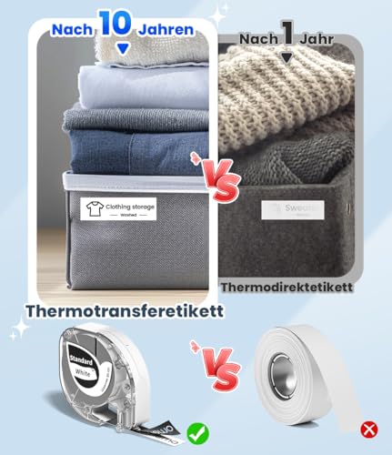 Phomemo P12 Etikettendrucker, Bluetooth Beschriftungsgerät unterstützt Langlebige Thermotransfer-Etiketten, Mini Etikettiergerät für Satinband, Aufbügel, Garten, Küche, Home-School-Büro & Weihnachten