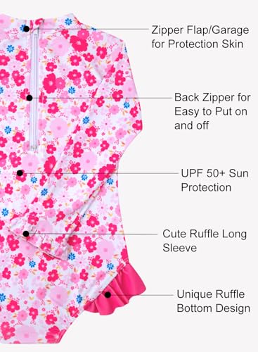 Image of Baby Toddler Girl Long Sleeve Ruffle Swimsuit One Piece Zipper Rash Guard Bathing Suit with UPF 50+ Sun Protection