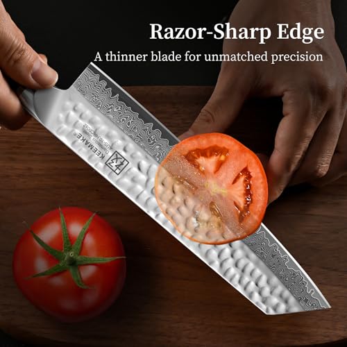 Image of KEEMAKE 8 inch Damascus Chef Knife, Ultra Sharp 10 Edge Japanese VG10 Kiritsuke Kitchen Knife with Ash Sheath, 67 Layers Hand Forged Hammered Cooking Knife for Meat, Vegetable & Fruit, Camping & BBQ Gift