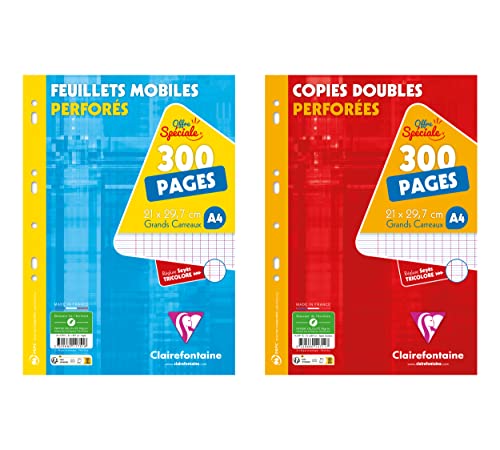 Clairefontaine 11751AMZC Lot de 2 Paquets de Copies Perforées : 300 Pages FEUILLETS MOBILES + 300 Pages COPIES DOUBLES - A4 21x29,7 cm - Grands Carreaux -...