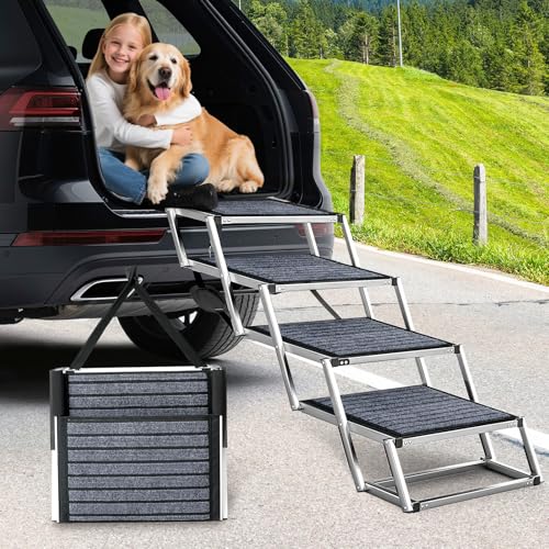 Extra Wide Dog Ramp for Cars,Aluminum Dog Step for Car With Non-Slip Carpet,4 Stpes Lightweight Pet SUV Step,Easy to Fold Pet Stairs for SUV,Trucks,High Beds