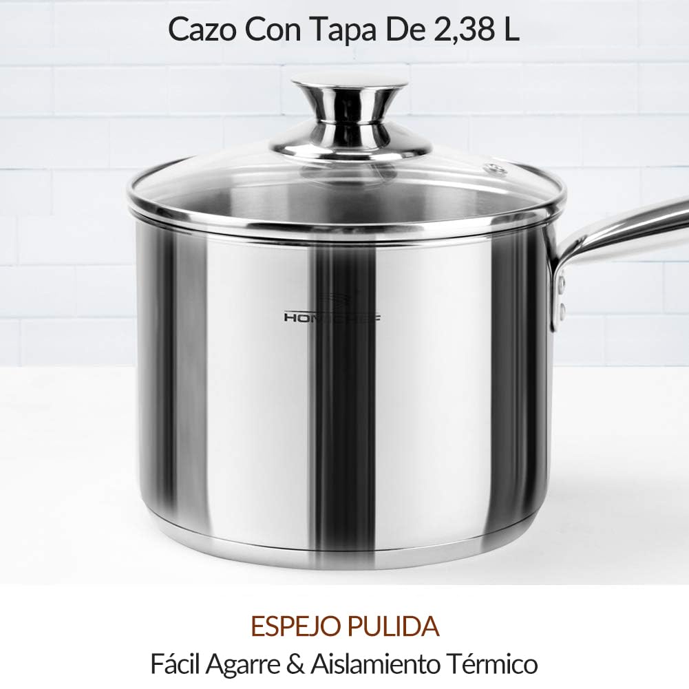 HOMICHEF Juego de utensilios de cocina de acero inoxidable sin níquel de 14 piezas - Ollas y sartenes sin níquel - Juego de utensilios de cocina no tóxicos - Batería de cocina de inducción saludable