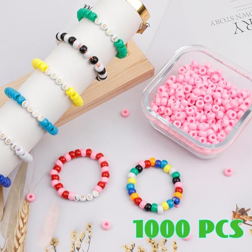 Image of 1000Pcs Pony Beads Bracelet 9mm Pink Plastic Barrel Pony Beads for Necklace,Hair Beads for Braids,Key Chain,Jewelry Making (Pink)