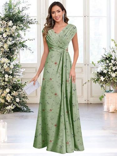 GUKARLEED Women’s Pleated Mother of The Bride Dresses Cap Sleeves Chiffon Lace Appliques V Neck Formal Wedding Guest Dress4
