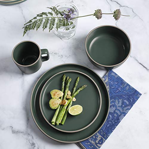 Image of Gibson Home Zuma 16 Piece Round Kitchen Dinnerware Set, Dishes, Plates, Bowls, Mugs, Service for 4, Matte Stoneware, Green