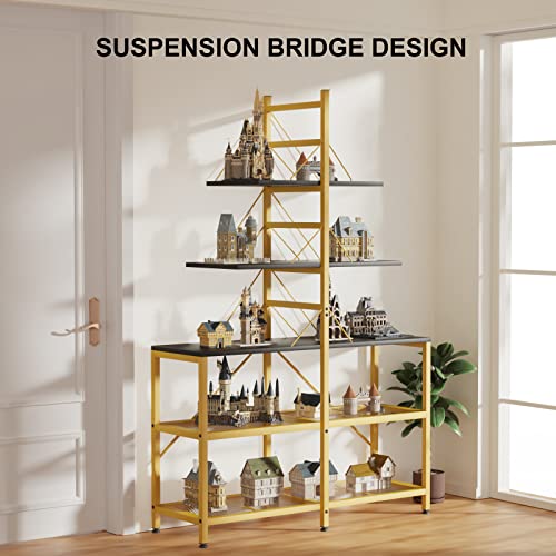 Yaohuoo 65.7" Modern Bookshelf, 5 Tier Suspension Bridge Design Tall Bookcase, A Frame Ladder Shelf With Open Display Shelf And Metal Frame For Bedroom,Home Office (Gold) #TOP2