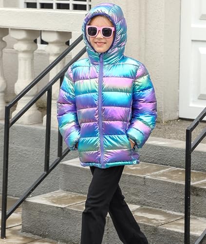 Lovekider 4-12 Years Girls Metallic Shine Hooded Puffer Jacket Packable Warmth Padded Winter Coat4