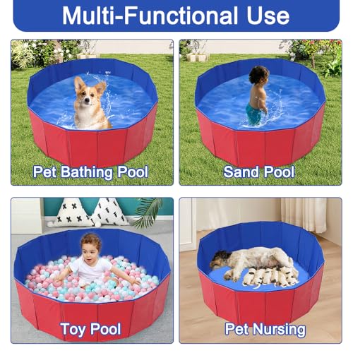 Kinfezlon Hundepool, Hundepool I Faltbar, 60 x 20CM Hunde Pools für Kleine & Mittlere Hunde, PVC Anti-Rutsch Verschleißfester für Kinder, Katzen und Hunde im Garten- ROT
