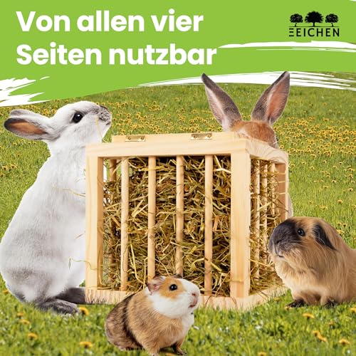 Heuraufe Kaninchen, Hasen, Hamster. Stabiler Stand in Würfelform. Unbehandeltes Naturholz. Perfekt für den Kaninchenstall. Heuraufe Meerschweinchen. Heu. Zubehör. Groß. Stehend | Drei Eichen