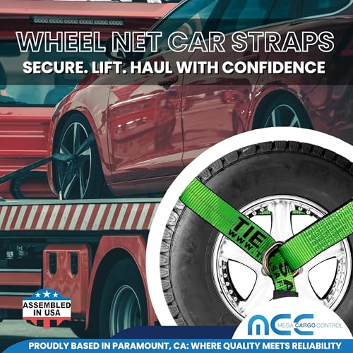 Image of Mega Cargo Control 4 Set 2 inch x 10' Wheel Lift D Ring Lasso Strap w / (4) 2 inch Ratchet, (4) Wire J Hook, (4) Lasso Winch Sleeve Protector - (Gift) | Ratcheting Tow Truck & Hauling (Green)