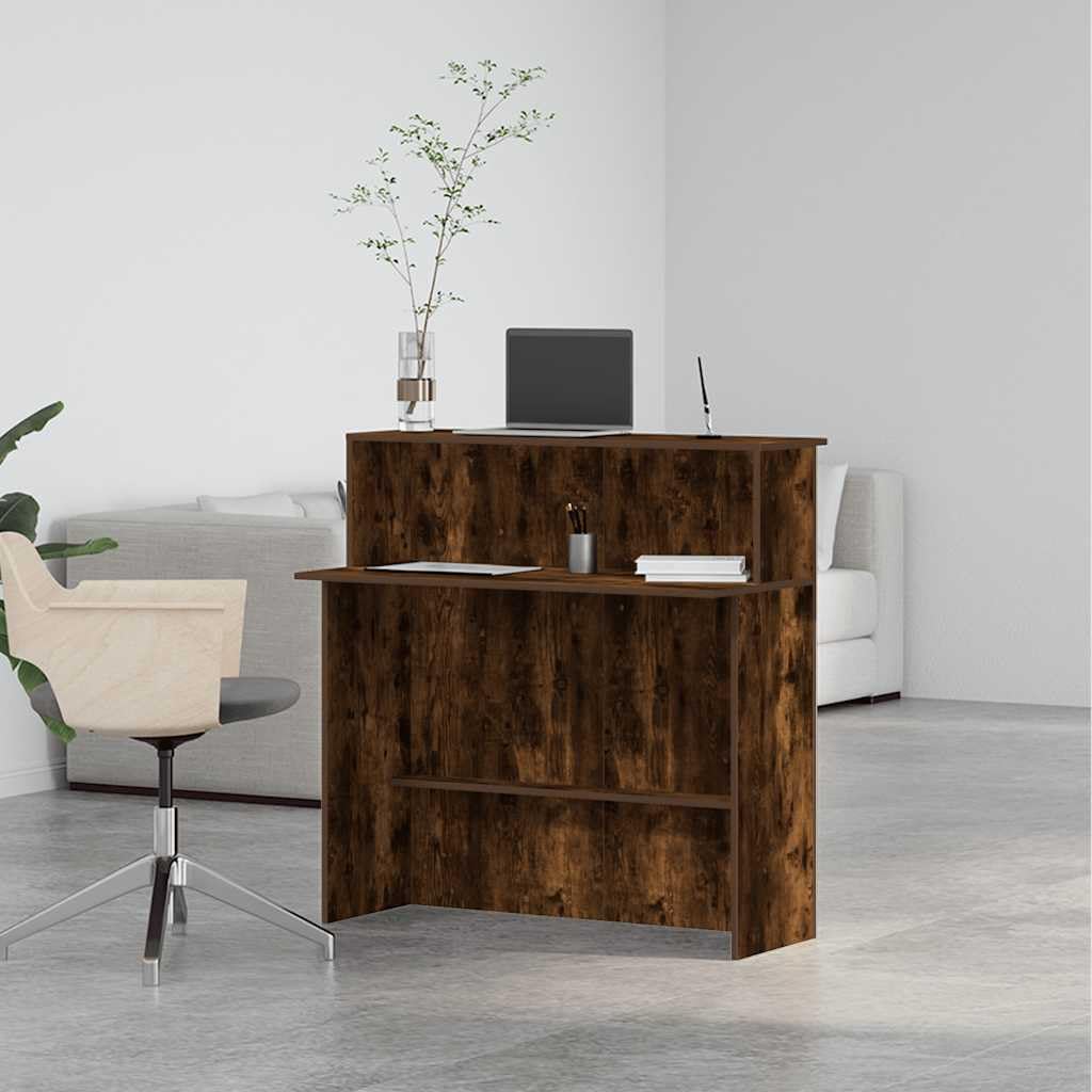 Bancone da ricevimento, in legno di rovere affumicato, 100 x 50 x 103,5 cm, con ripiano, versatile, postazione di lavoro da ufficio per ricevimento, segretario, home office, scrivania per