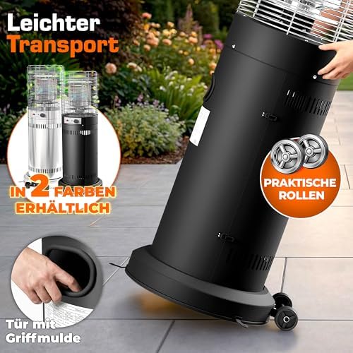 Bild 4 - TRESKO® Heizstrahler Gas 11 kW mit Rollen | Outdoor Terrassenheizer für 5 & 11 kg Gasflaschen | Gasheizstrahler für Terrasse, Balkon & Garten | Gasheizer Heizpilz mit Schlauch & Regler (Schwarz)