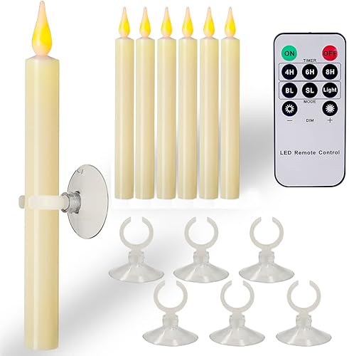 Velas de ventana parpadeantes que funcionan con pilas con control remoto y temporizador, paquete de 6 velas cónicas eléctricas sin llama con base