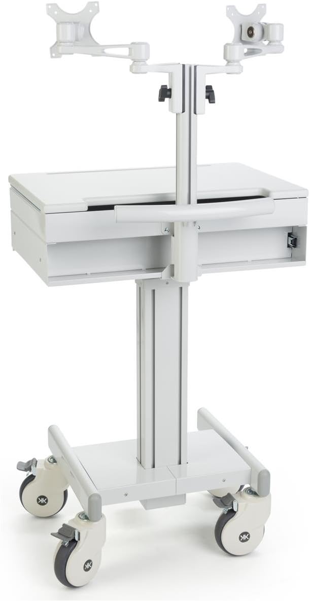 Displays2go Mobile Medical Cart with 2 Monitor Holders, Height Adjustable, Pullout Tray, Steel, Plastic, MDF – Gray (DWMDC2M)